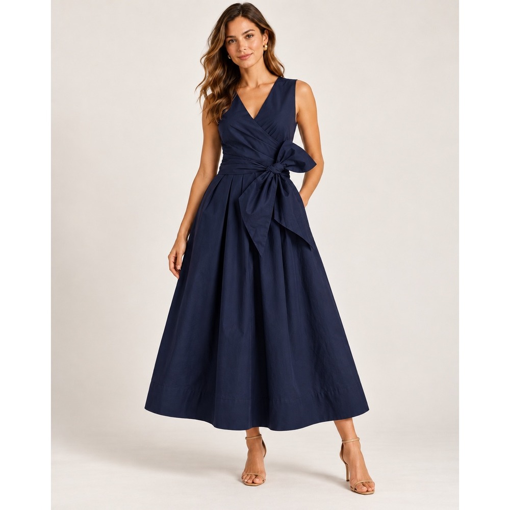 J. Crew Sleeveless Wrap Dress Womens 8 Navy Blue Tie Back Poplin Preppy L2373